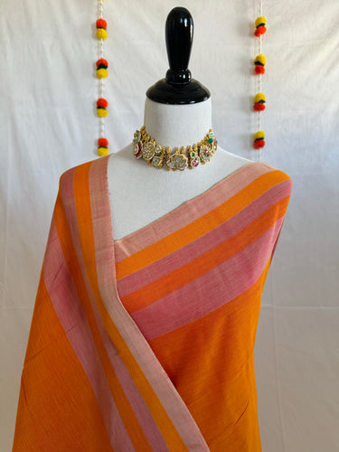 ShopNaya Exclusive | Handwoven | Cotton & Soft Silk Saree | Dobby Design | No Blouse | Yellow Orange | Ships from California